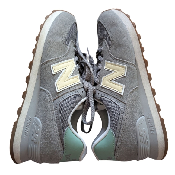 New Balance 574 Classic Sneakers Running Active Gym Women 9.5 Gray Yellow Suede - Picture 7 of 13